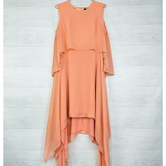 BCBG Maxazria Marilee 100% Silk Dress Size L Coral Flowy Fairy Asymmetric Hem - Picture 16 of 16